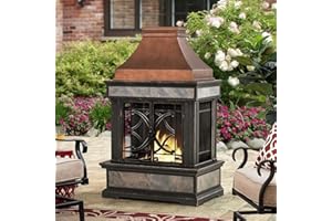 Sunjoy Outdoor Fireplace, Stone Look Tile Patio Wood Burning Steel Fireplace with Chimney, Spark Screen, Fire Poker, Rain Cov