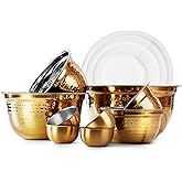 COOK WITH COLOR 18 Piece Mixing Bowls Set with Airtight Lids, Handcrafted Stainless Steel Bowls, Food Storage Containers, Meal Prep, Nesting Salad Bowls For Cooking, Baking, Kitchen, Gold- Hammered