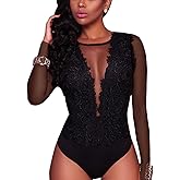 RARITYUS Women Sexy Lace Bodysuit Jumpsuit See Through Mesh Sleeveless/Long Sleeve Tops Swimsuit for Party Outfit