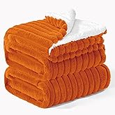 INFIIXSO Sherpa Fleece Queen Size Blanket - Super Soft & Warm Striped Fleece, Cozy Plush Fluffy Large Bed Blanket All Season Use (Burnt Orange, 90x90 Inches)