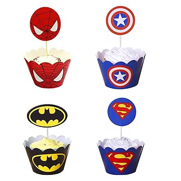 96 Pcs Superhero Cupcake Toppers Wrappers Toppers Cake Table