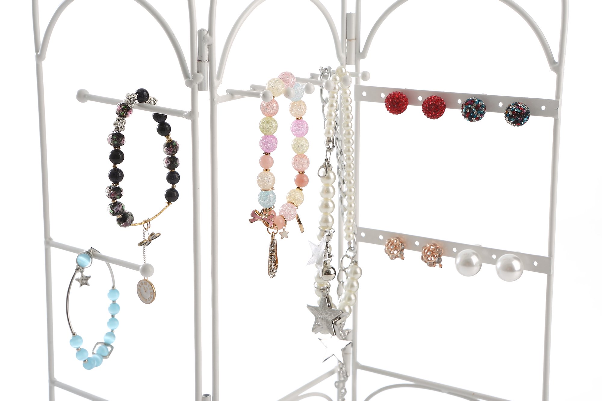 Modern White Metal 3 Panel Trellis Folding Jewelry Hanger Organizer for Bracelet, Earrings, Necklace