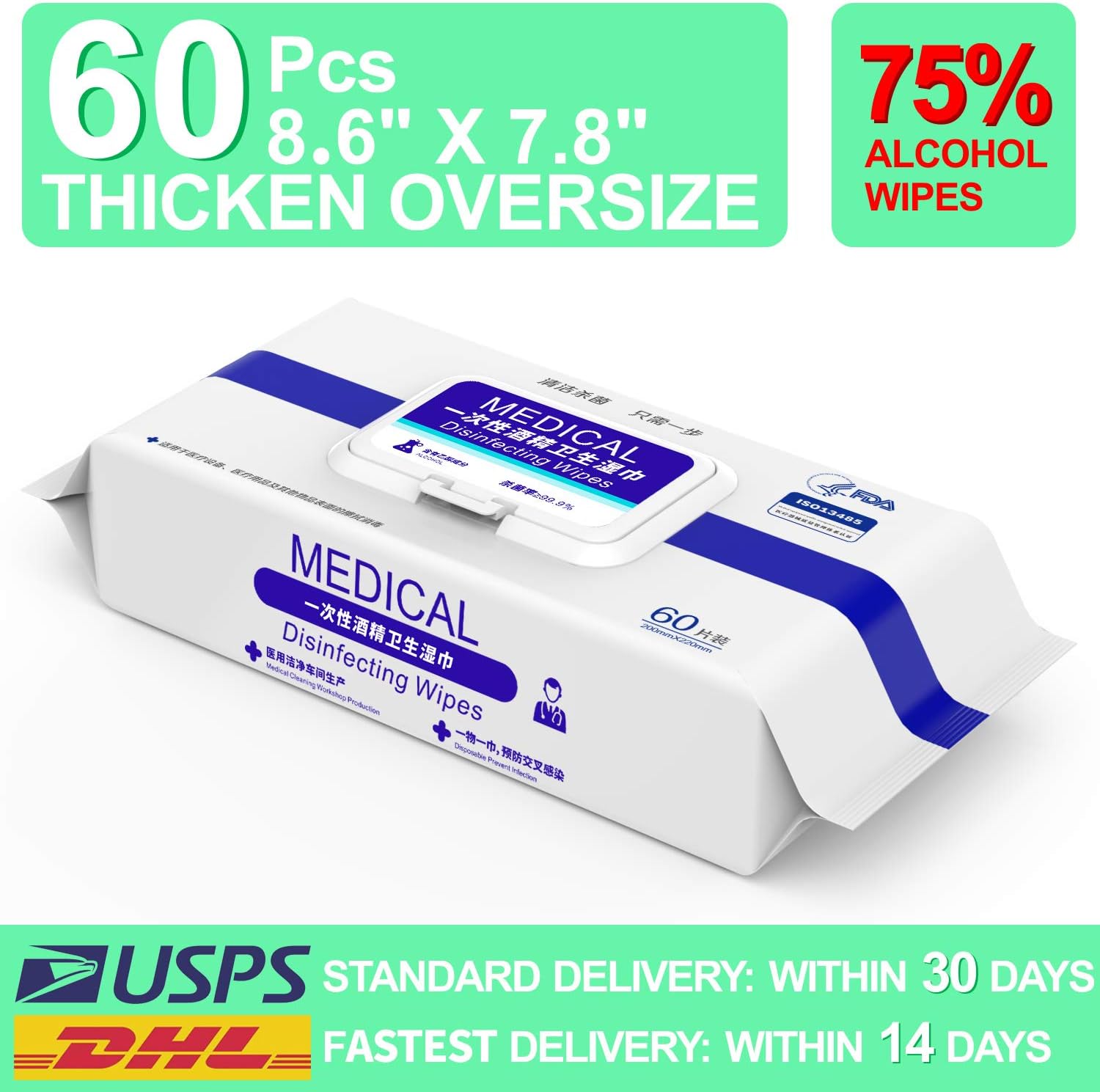 ALC. Wet Wipes, SUPER LARGE Detergent Wet Wipes 8.6’’ X 7.8’’, Skin Soft Wipes for All-Purpose Cleaning, 1 Pack-60 Wipes