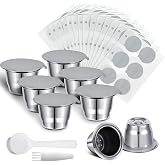 Didaey 6pcs Reusable Espresso Capsule Stainless Steel Refillable Coffee Pod | Reusable Espresso Pods, with 204 Aluminum Foil Seals Stickers Lids, Compatible with Nespresso Machines