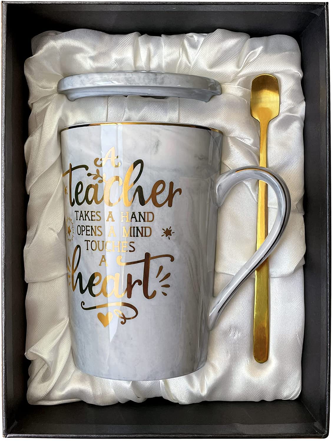 Doublewhale Teacher Gifts for Women Men, Best Teacher Birthday Gifts for Female Male, Thank You Teacher's Day Profosser Mentor Gift 14oz Marble Coffee Mug with Gold Print Spoon Lid Card Gift Box