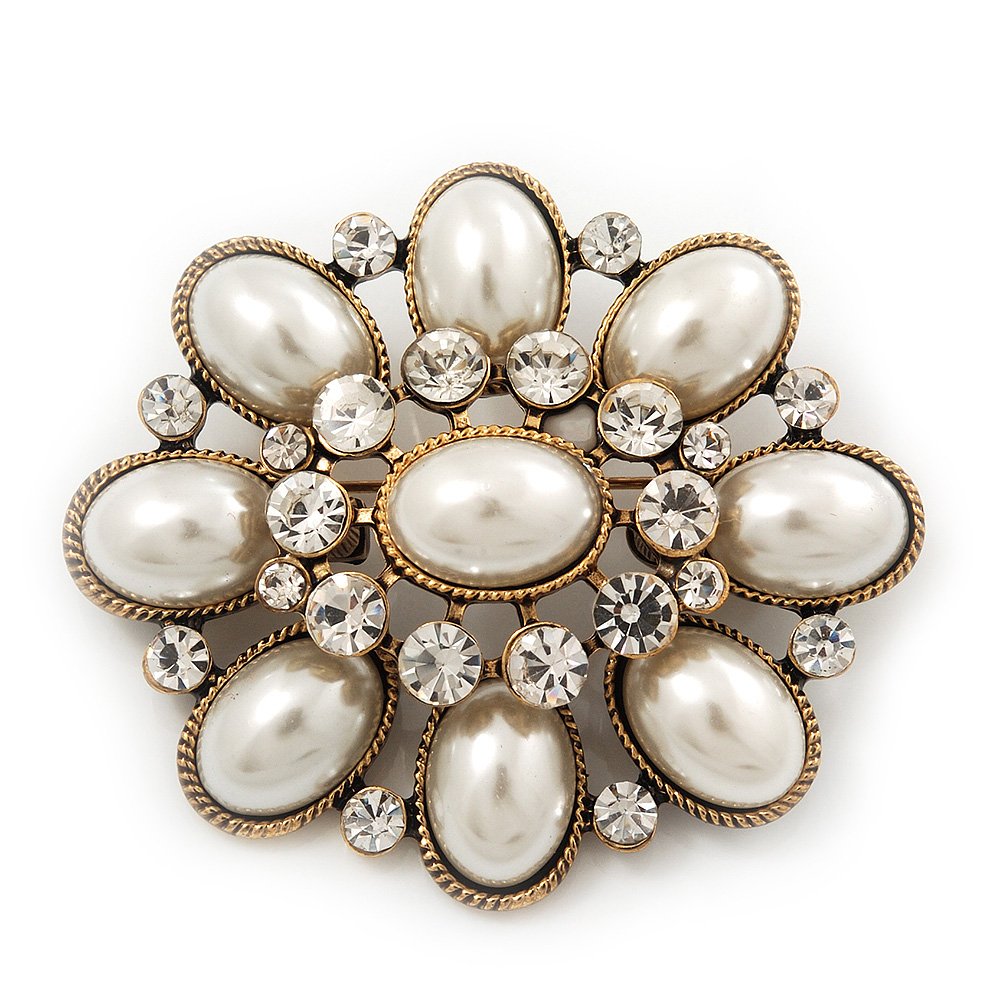 Vintage Faux Pearl Diamante Brooch In Antique Gold Metal - 5.5cm Length