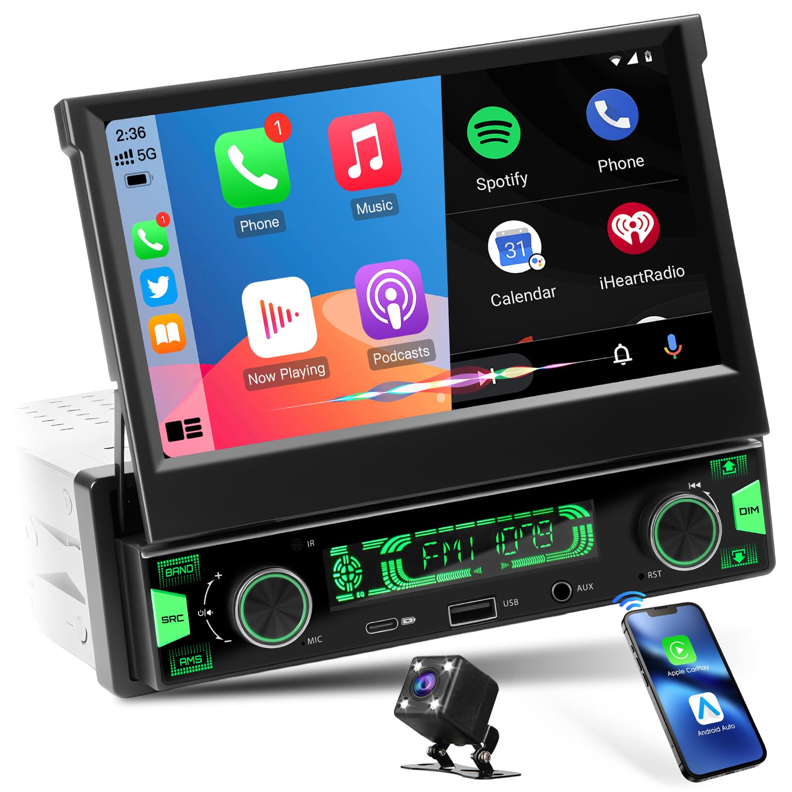 Photo 1 of Single Din Stereo with Flip-Out Touchscreen: 7 Inch Wireless CarPlay Android Auto Car Radio - Bluetooth HD Backup Camera 300W 4.2 CHN 2 Subwoofers Outputs Type-C Charge USB AUX-in