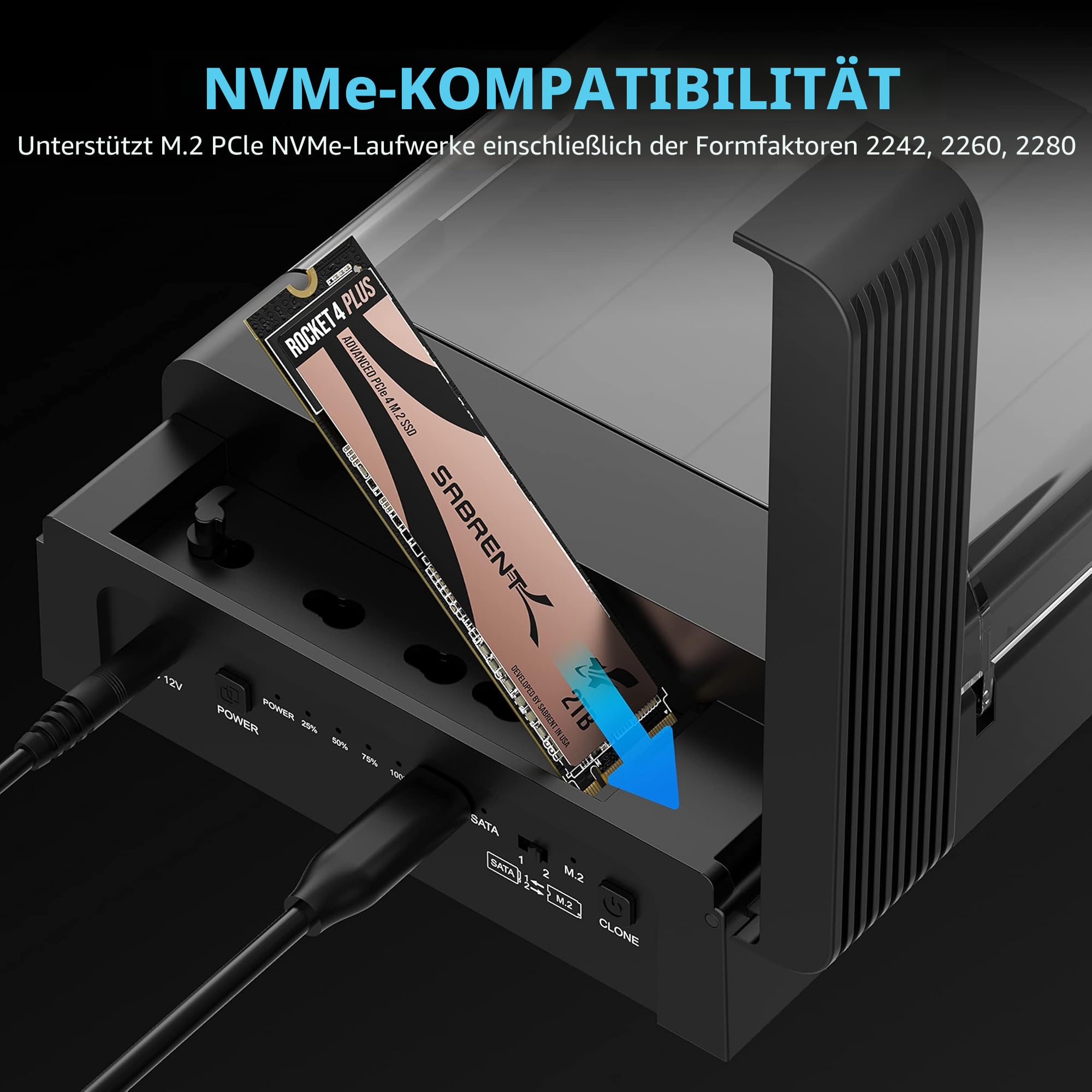 SABRENT M.2 SSD & HDD Festplatten Dockingstation, NVME Gehäuse Festplattengehäuse, 2,5" 3.5" SATA & M2 Dock, Werkzeuglos USB C 10Gbps Docking Station mit Offline Klonen, M 2 Kühlkörper (DS-UFNC) 3