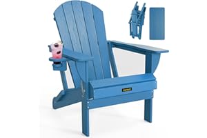 Carauci Plastic HDPE Adirondack Chair, Folding Adirondack Chair Weather Resistant with Cup Holder, Wooden Textured Fire Pit Outdoor Chair for Garden, Porch, Lawn, Backyard, Supports 380LBS, Blue