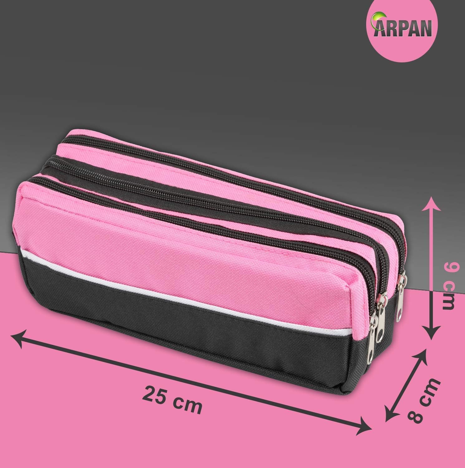 ARPAN Triple Zip Rectangular Large Fabric Pencil Case - School Make-Up (Pink), 25cm x 9cm x 8cm - Image 3