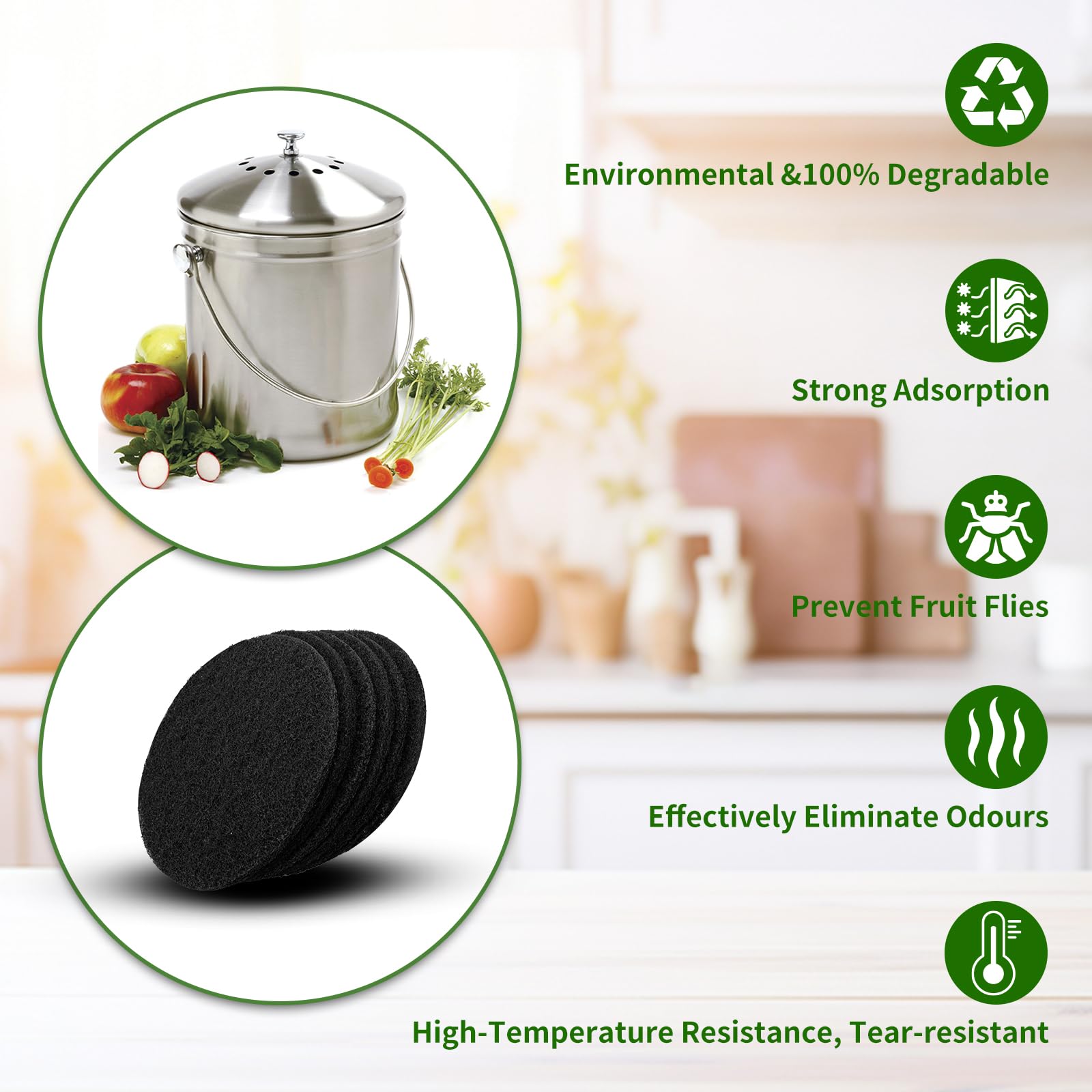 6.7 inch Kitchen Compost Bin Charcoal Filter Replacements, 12 Pack Compost Pail Replacement Carbon Filters 6.7 inch, Round Activated Compost Filters Countertop Bin Bucket