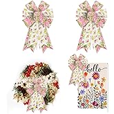 2 PCS Pink Floral Spring Bows for Wreath, Spring Vintage Rose Wreath Bows Idyllic Romantic Floral Bows for Front Door, Farmhouse Ornament Burple Tree Topper Bows for Holiday Indoor Outdoor Decor