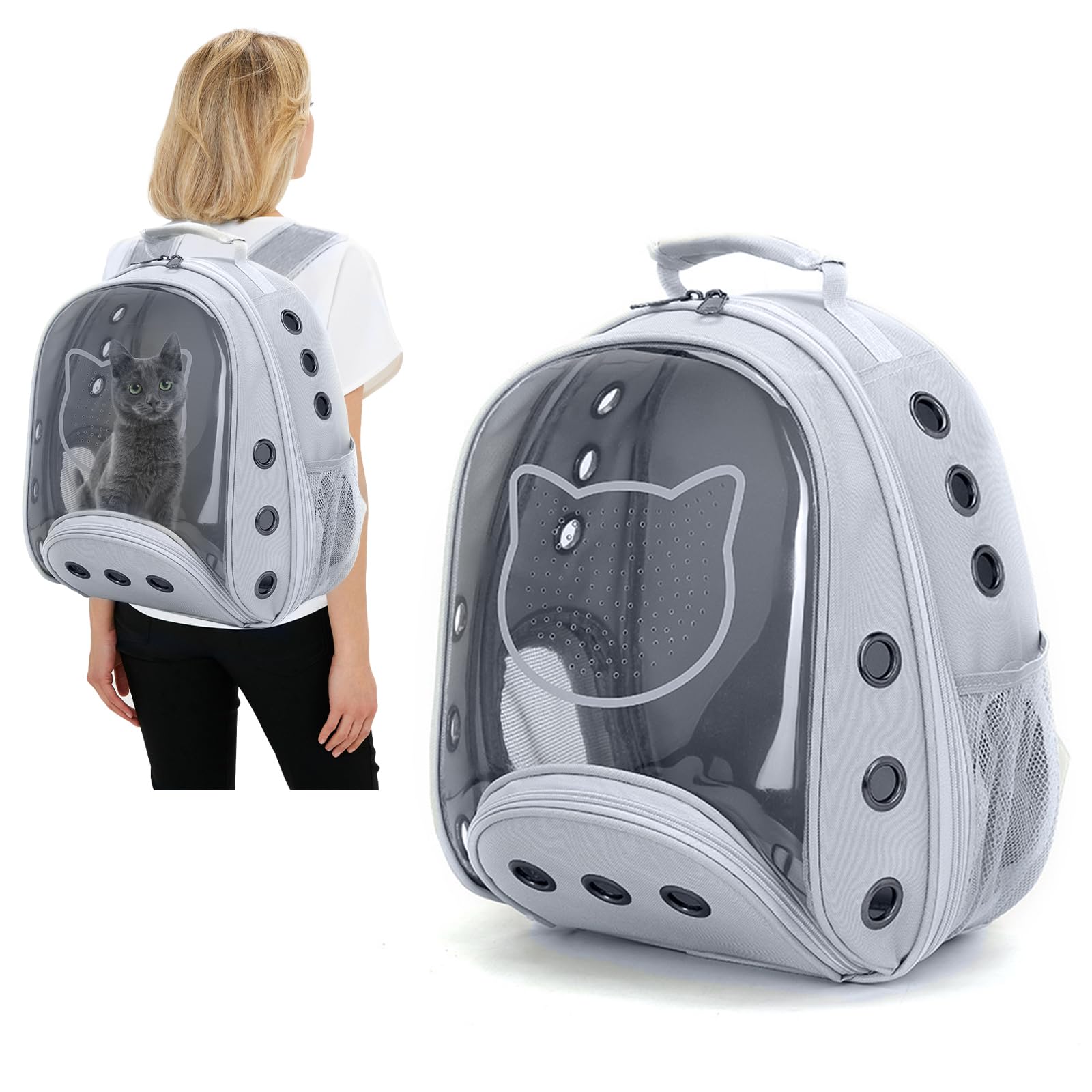 PETCUTE Cat Backpack,Cute Cat Carrier Backpack for Cat and Dogs Up to 7kg,Breathable Pet Backpack with Internal Safety Strap and Removable Mat for Travel Camping Hiking Light Gray