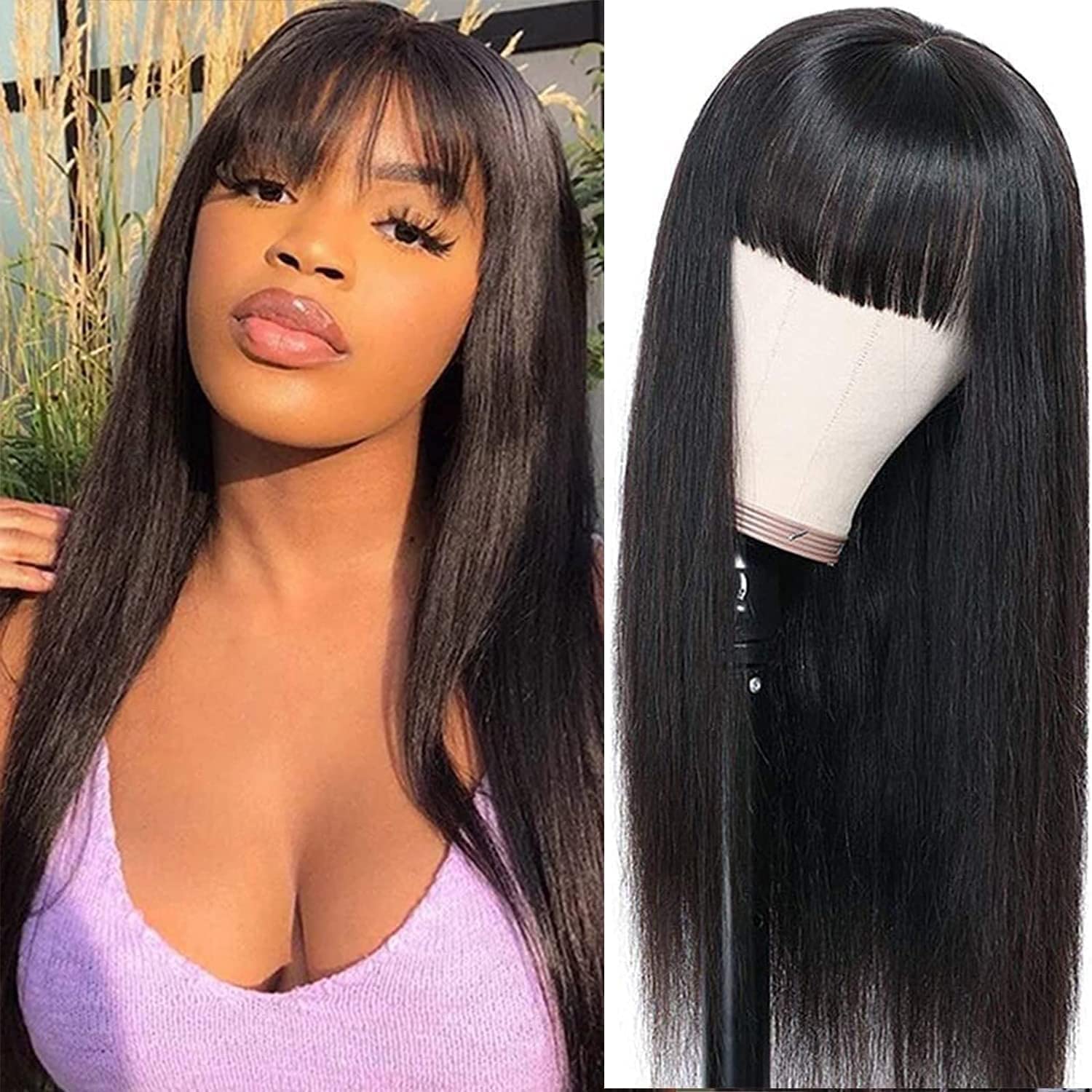 Straight Bang Wig Human Hair for Women Brazilian Virgin Human Hair Wig with Bang Machine Made Glueless Wig 150% Density Wig with Fringe 16 Inch Natural Black Color