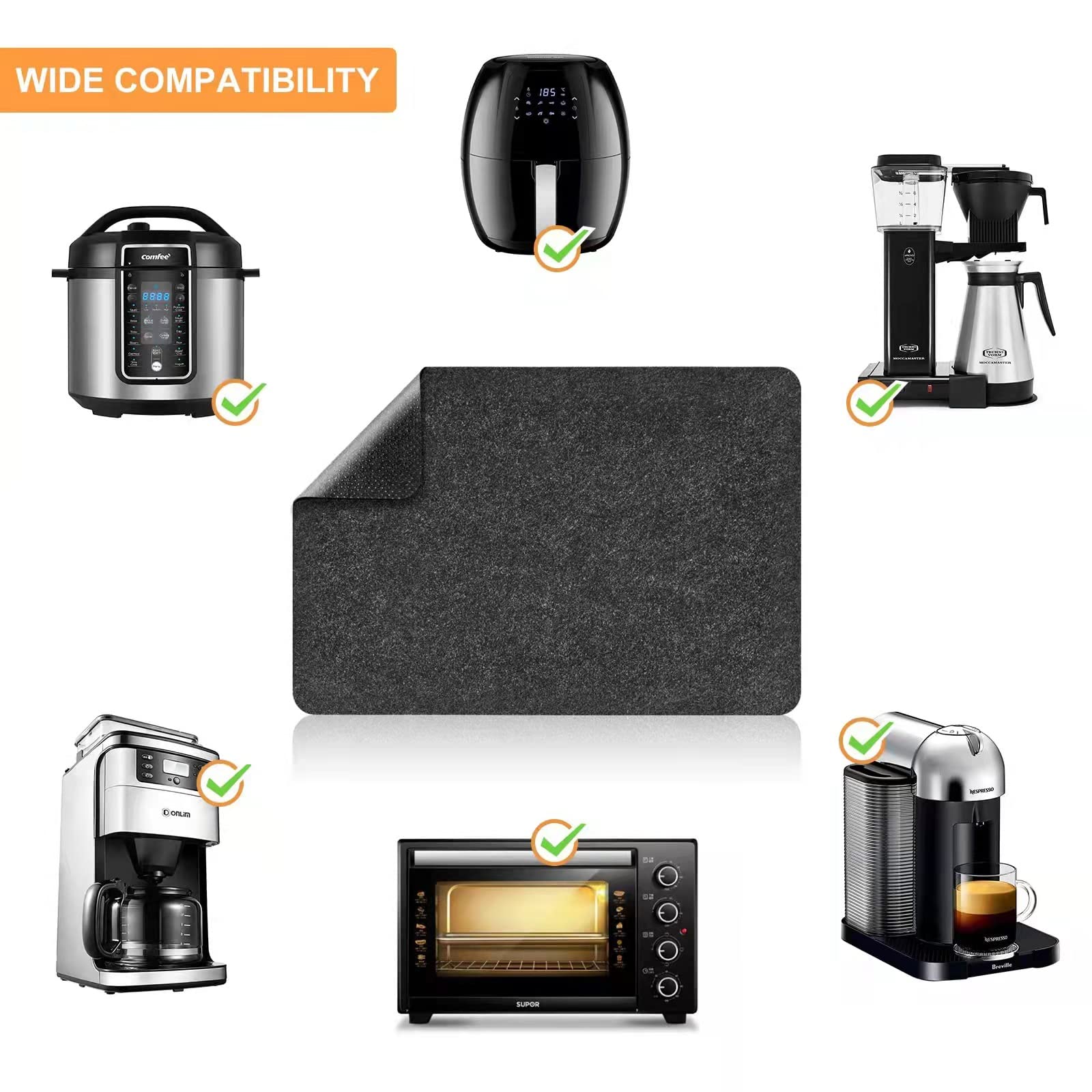 2 Pcs Heat Resistant Mat for Air Fryer, Coffee Maker, Toaster - Black Rectangular Felt & Silicone Countertop Protector with Sliding Function