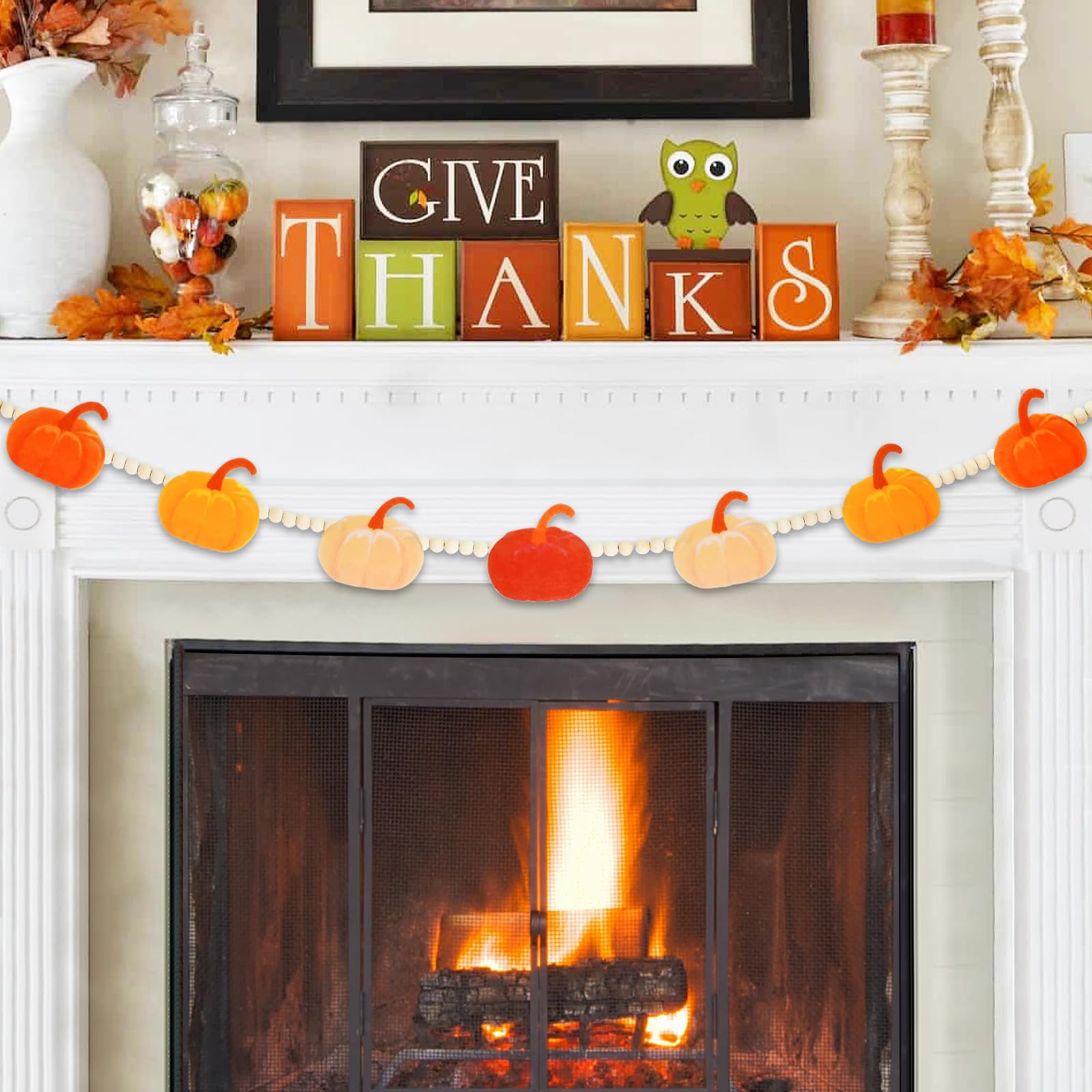 Photo 1 of 4.2 FT Thanksgiving Day Wooden Beads Garland with Pumpkin Charms, Orange Autumn Theme Beaded Decor with Felt Pumpkin, Rustic Halloween Fall Banner for Home, Doorway, Wall, Window Display