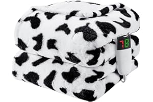 RUJIPO Cow Print Heated Blanket Electric Throw 62x84 Twin Size, Faux Fur Heating Blanket with 10 Heating Levels, Soft Cozy Sherpa Blanket Warmer, Cow Blanket, Plush Fluffy Warming Gift for Couch, Washable