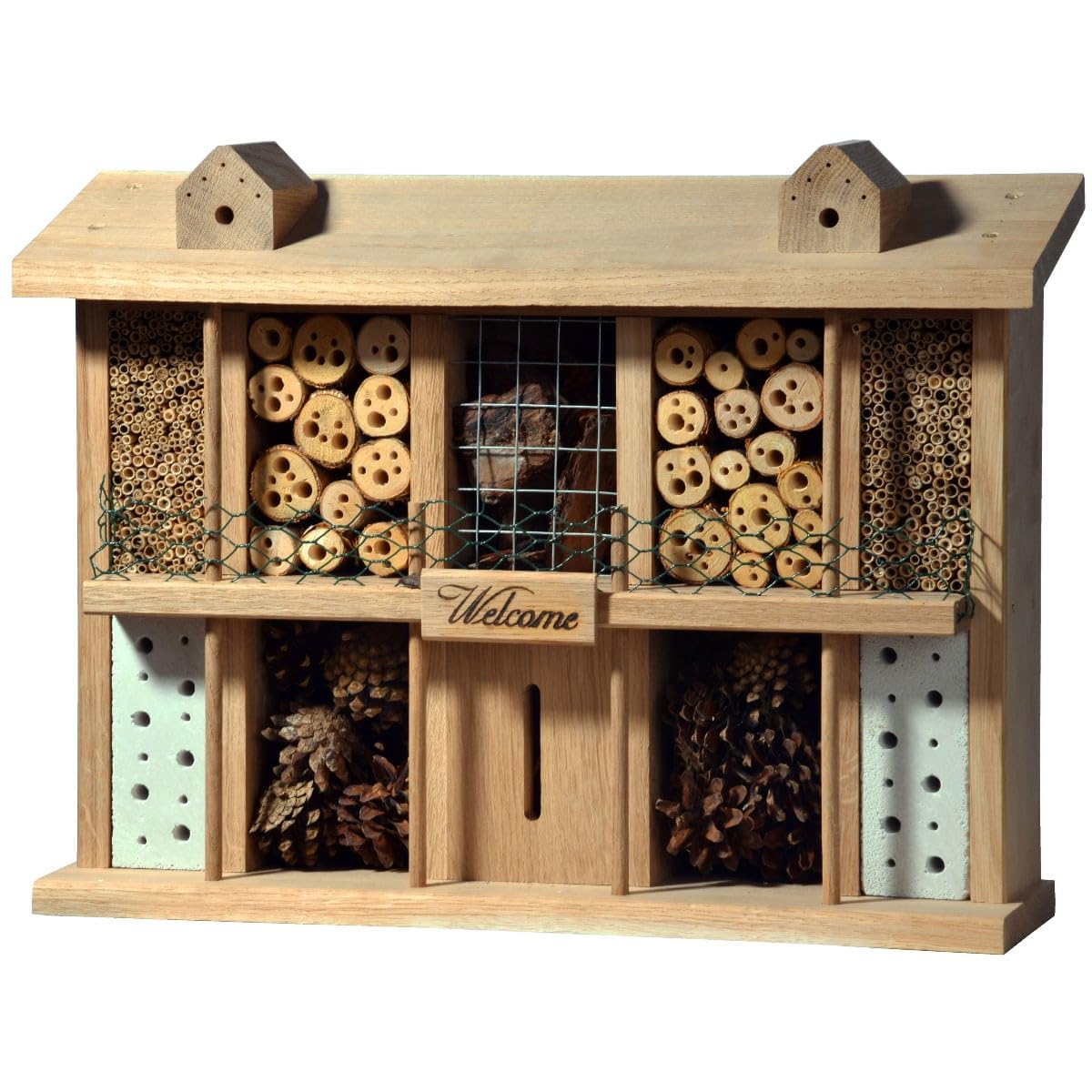 Luxury Insect Hotels 22625e "Country House Superior" Solid Oak Wood - Wild Bee Hotel Design - Insect House for Beneficial Insects - Wild Bee House for Garden/Patio/Balcony - 47 x 12.5 x 34 cm -