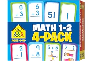 School Zone Math 1-2 4-Pack Flash Cards: 224 Cards, 1st Grade, 2nd Grade, Addition 0-12, Subtraction 0-12, Numbers 1-100, Math War Card Game, Numerical Order, Skip Counting, Ages 4+