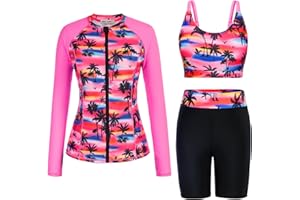 GRACE KARIN Women's 3 Piece Rash Guard Built-in Bra Long Sleeve UV Sun Protection Swimsuit Zip up Swim Top Shirt Modest