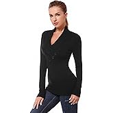 AmélieBoutik Women Crossover Cable Knit V Neck Long Sleeve Pullover Sweater
