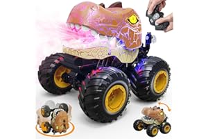 OPMIND Remote Control Dinosaur Monster Truck, 2.4Ghz RC Stunt Cars for Kids 3-5 with Spray/Lights/Music, Outdoor Toys Dinosaurs Car for 4 6 7 8 Years Old Boys & Girls Christmas Birthday Gifts Ideas