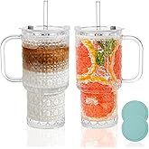 INNGOSAE 17oz Water Glass Tumbler with Handle & Lid Coasters, Reusable Iced Coffee Cups with Straws – Set of 2, Glass Cups for Smoothies, Juice, Coffee, Tea