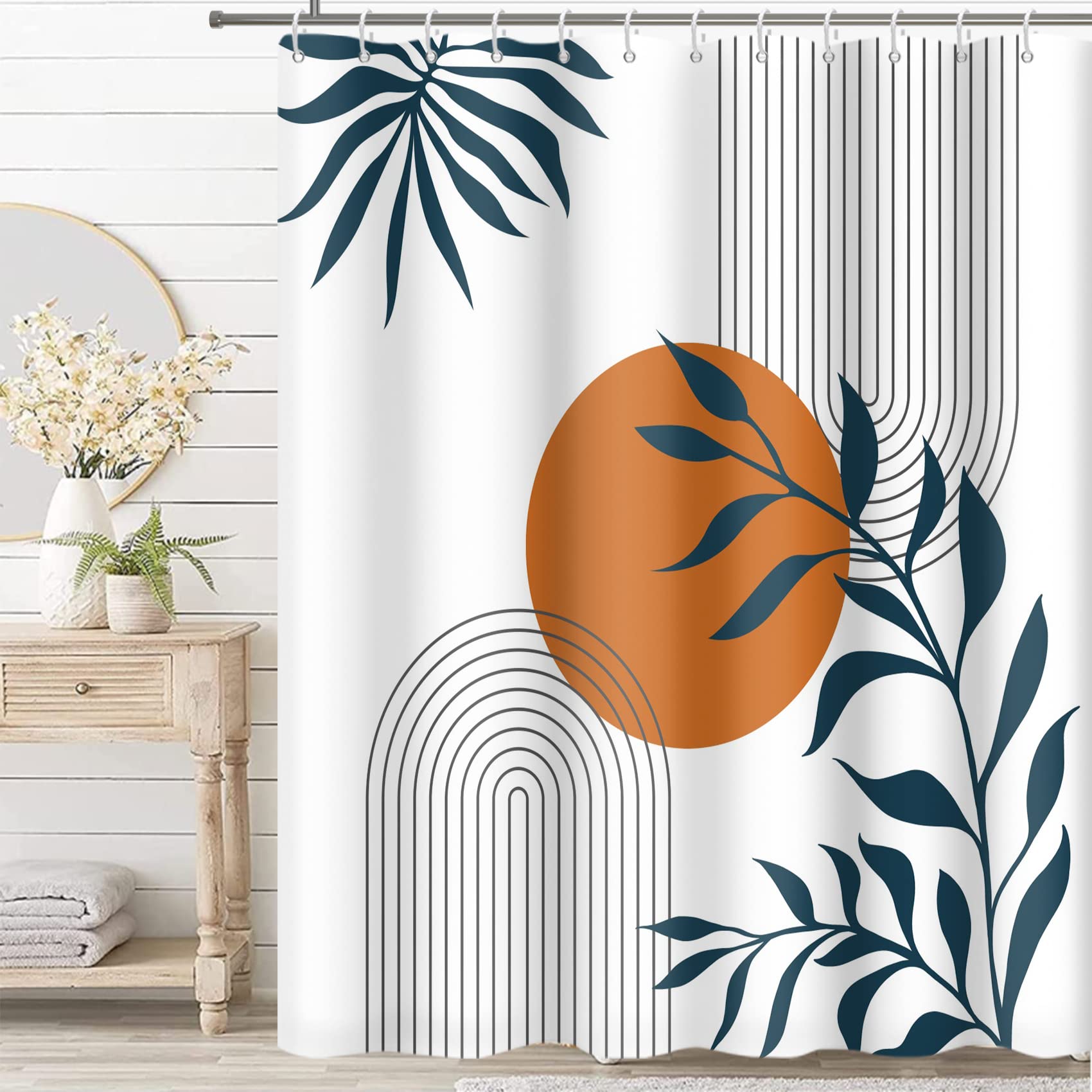 MIRRORANG Boho Abstract Shower Curtain with 12 Hooks, Fabric Mould Proof Resistant, Leaves Plant Modern Shower Curtain 100% Polyester (180 x 180 cm), Orange — image 1