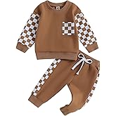Toddler Baby Boy Fall Outfit Checkerboard Patchwork Long Sleeve Sweatshirts Elastic Waist Pants Cute Newborn Clothes Set