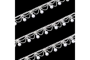 letsinstyle 1 Yard Silver Pearl Tassel Rhinestone Fringe Trim, Rhinestone Pearl Tassel Chain, Ribbon String Chains for Sewing