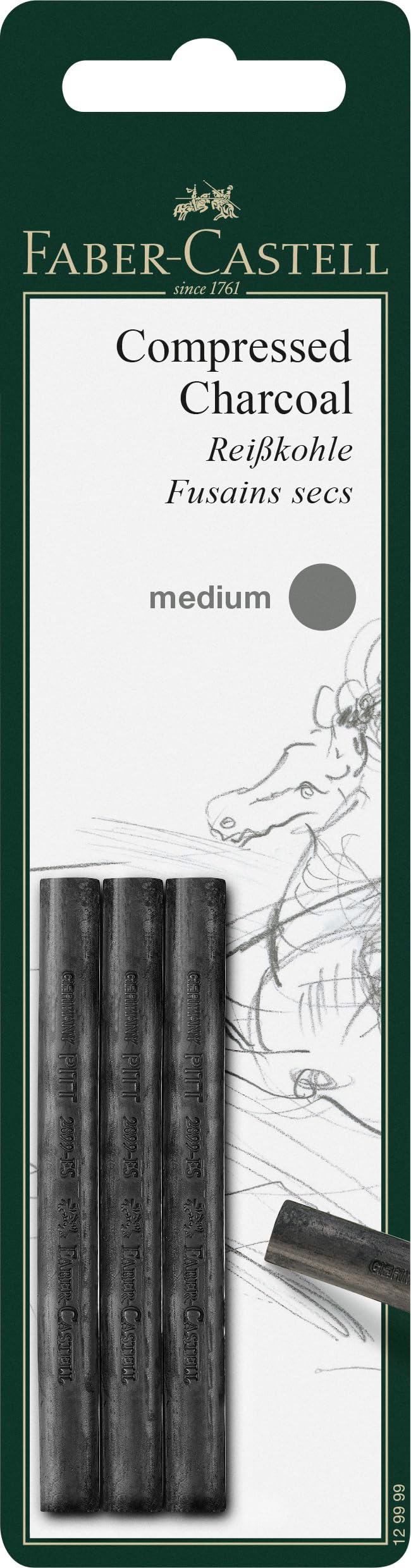 Faber-Castell Pack of 3 Compressed Pitt Charcoal Sticks, Supreme Artist Quality, Grease and Oil Free Intensive Black, Medium