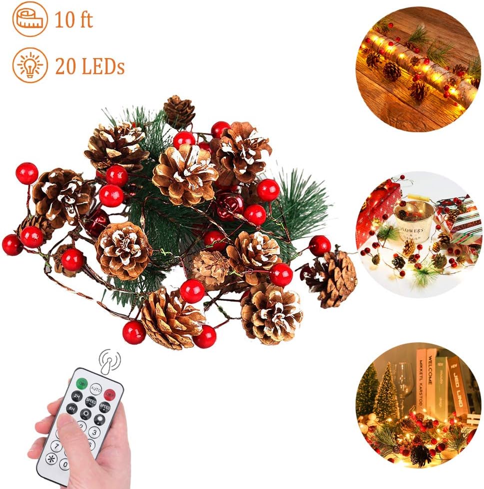 Xmas Garland Lights, 10 Feet 20 LED Red Berry with Pine Cone Garland Lights Battery Operated Garland Indoor Outdoor Garden Gate Home Xmas Decoration Lights for Winter Holiday Decor
