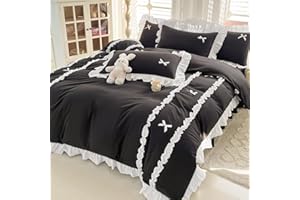 IHOUSTRIY Black Halloween Duvet Cover Twin Size, Cute Bow Duvet Cover Set with Zipper Closure, 2 Pieces White Ruffle Soft Microfiber Bedding Set with 4 Ties (66"x90", 1 Pillow Cases)