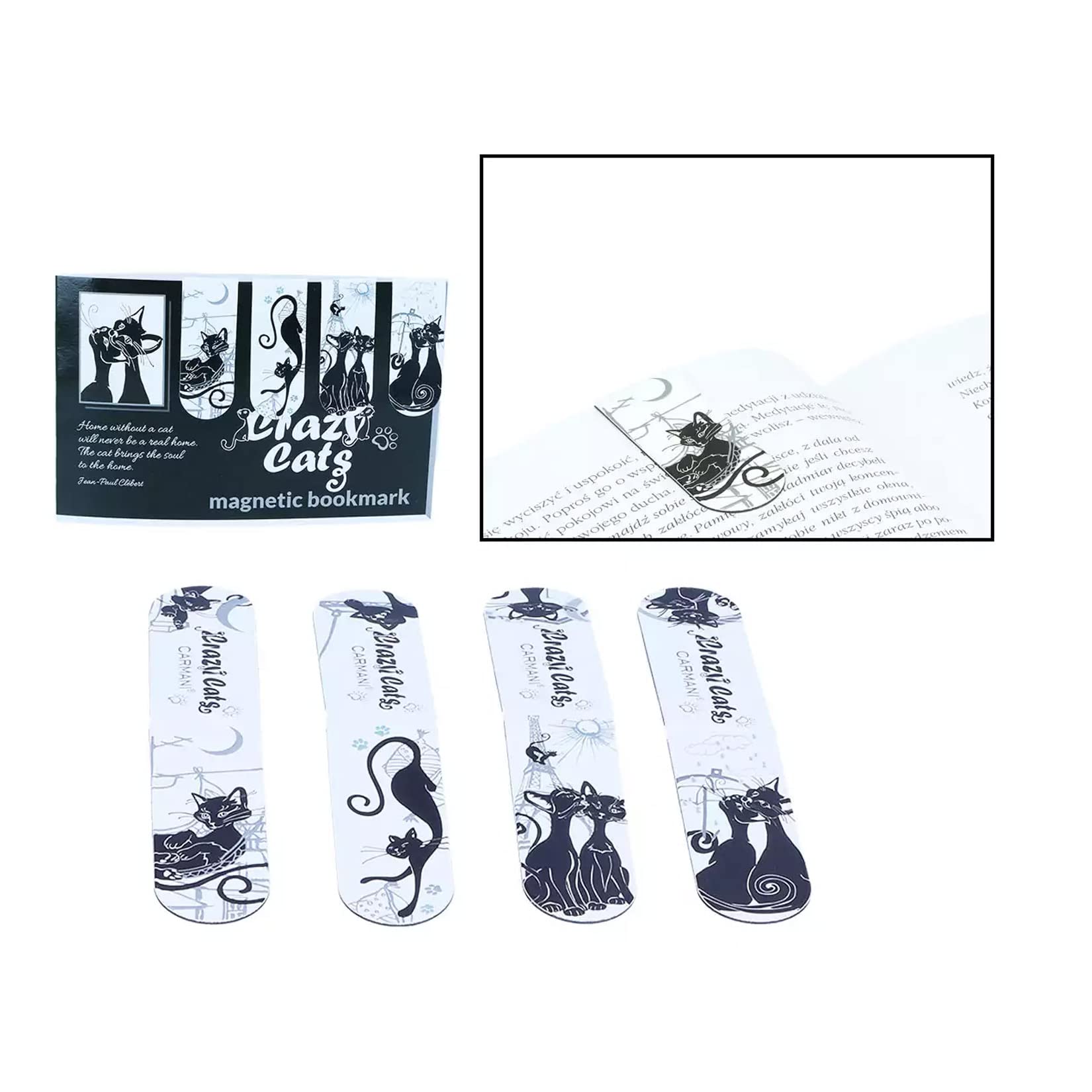 CARMANI - Set of 4 Pieces Magnetic Bookmark Page Holder Book Paper Marker Bookworms Stationery Gift Inspired by with Crazy Cats Pattern