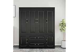 GraceGrove Armoire Wardrobe Closet with 4 Doors and 2 Hanging Rods, Armoire Wardrobe Closet Cabinet with 2 Drawers, Wood Closet Storage Wardrobe, Tall Armoires and Wardrobes Cabinet Black