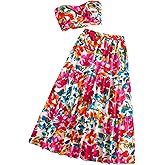 SOLY HUX Women's Boho 2 Piece Outfits Floral Print Colorful Tube Top and Ruffle Hem Maxi Skirt Set