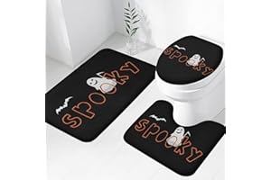 Easternproject 3-Piece Halloween Spooky Bath Rug and Mat Sets, Haunted Ghost Bats Plush Non-Slip Bathroom Doormat Runner Rugs, Toilet Seat Cover, U-Shaped Toilet Floor Mat, Black White Orange