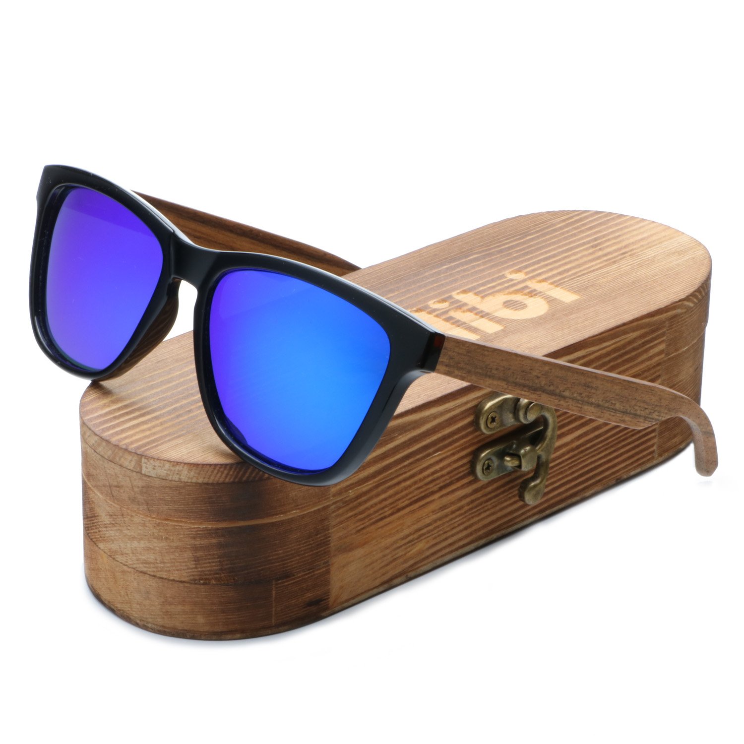 Ablibi Bamboo Wooden Wayfarer Sunglasses Polarized Driving Eyewear in Wood Box (Zebra Wood, Blue)
