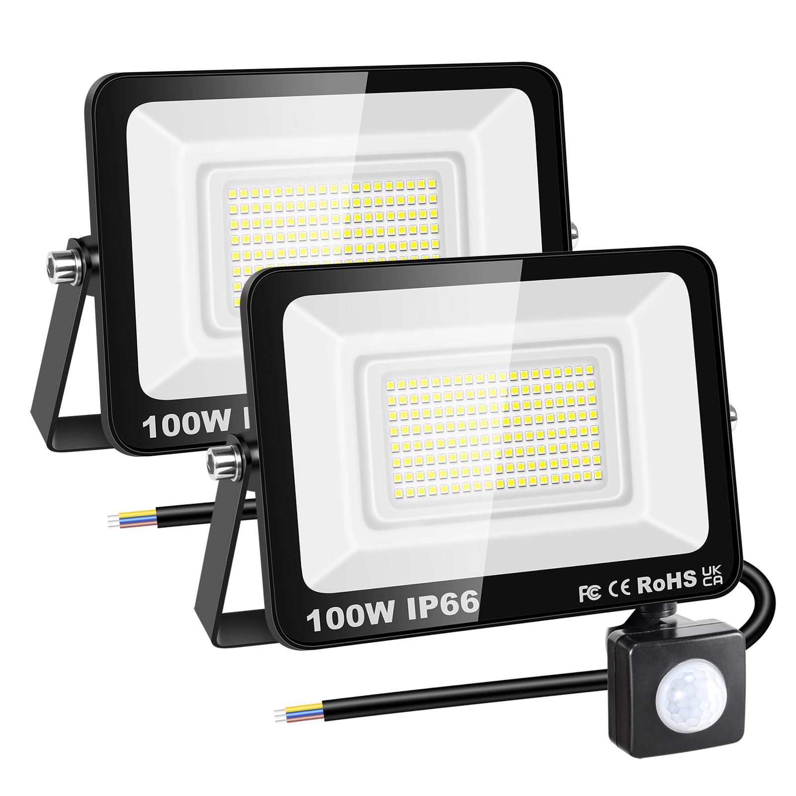 RIGIDON 2 Pcs PIR Motion Sensor Outdoor Security Light, 100W 10000 Lumens Outside Led Floodlight, Cold White Wall Light for Garden Garage Backyard Patio House Doorway, IP66 Waterproof 6000K