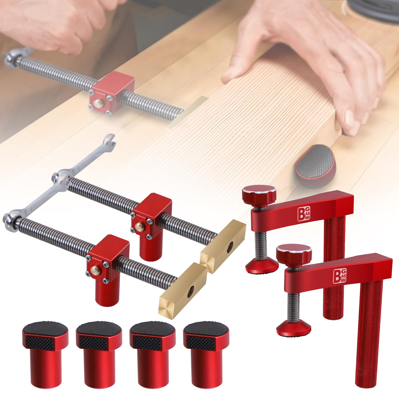 Photo 1 of **MISSING PARTS**BGASNW Bench Dogs Clamp Set, Woodworking Clamps with 4 Bench Dogs for 3/4 Inch (19mm) Workbench Dog Hole, Adjustable Dog Hole Clamp with 2 Ratchet Wrenches, Workbench Accessories for Woodworking Clamp