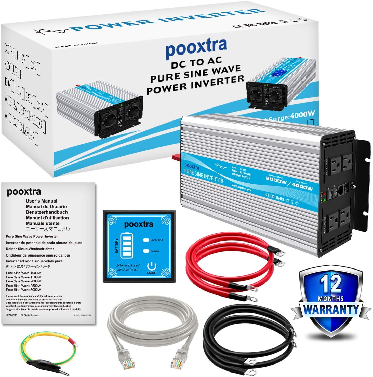 pooxtra 2000W Pure Sine Wave Power Inverter 12V to 110V 4000W Peak Power Converter with 4 AC Outlets and 2.1A USB Port & Remote Controller for RV Trucks Boats and Emergency: Car Electronics