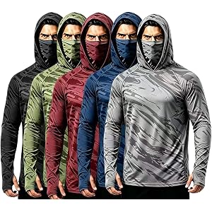 Aprqmw 5 Pack Men Camo Hooded Shirt with Mask, Light Breathable Stretch Moisture Transfer Rash Guard for Fishing
