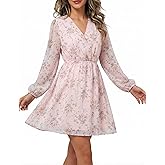 DERAX Women's Boho Floral Mini Dresses Fall V Neck Chiffon Long Peasant Sleeves 2026 Spring Short Dress