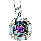 Dainty Cushion Mystic Topaz Necklace - Sterling Silver Diamond Square Halo Solitaire Royal Rainbow Topaz Jewelry 18+2" #173