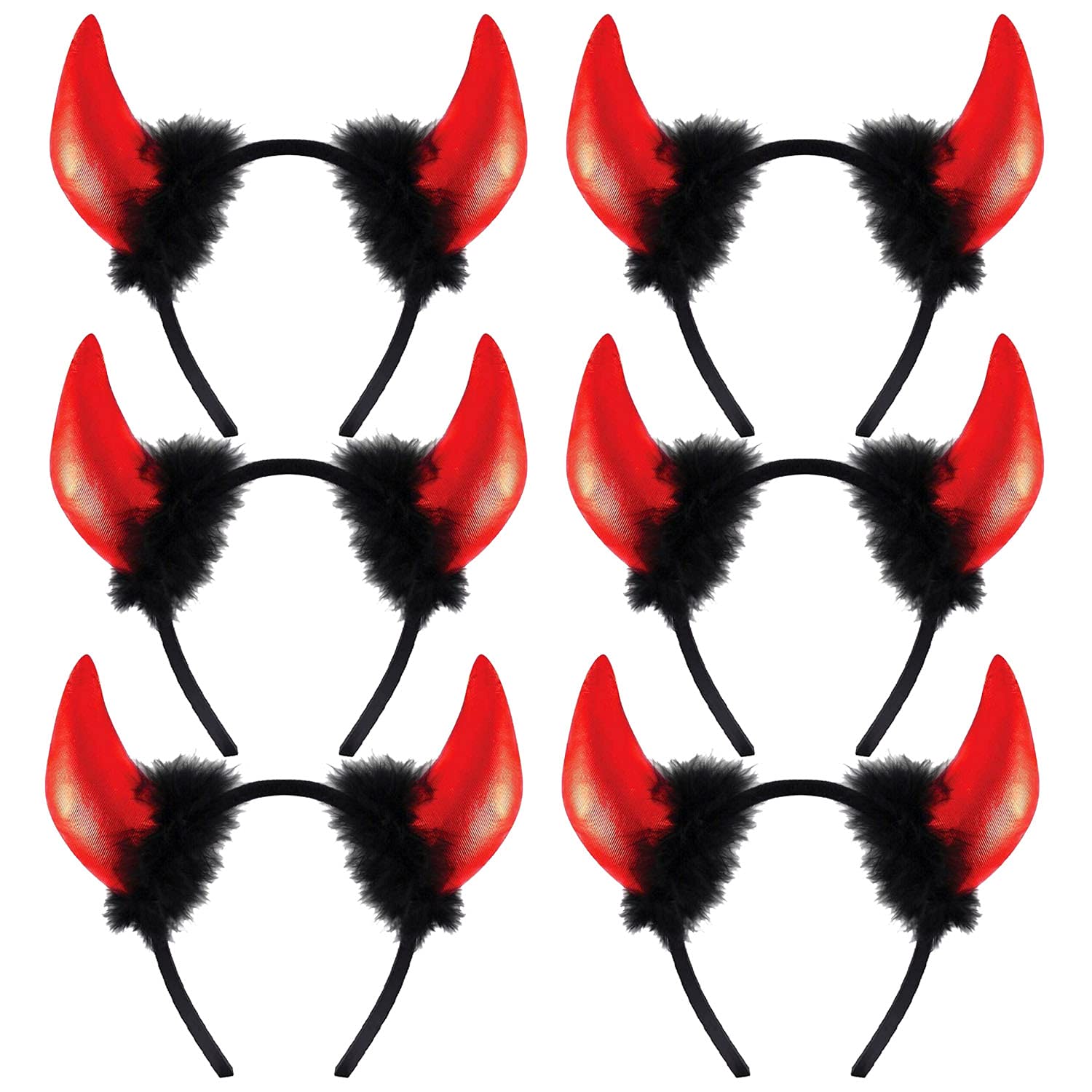 AKH® Ladies Devil Horns with Fur Headband | One Size Fits All | Halloween Devil Horns Headband Fancy Party Accessories | Halloween Headbands Head Boppers Hair Hoop Hair Band Headdress | Pack of 6