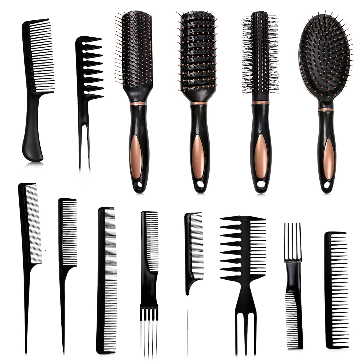 4pcs Of Hair Brush Set And 10pcs Of Hairdressing Comb Set Bundle – Detangle Hair Brush With Wide Tooth Comb For Hair Brush For Women And Men – Oval Comb Round Hairbrush For Beard Comb, Black
