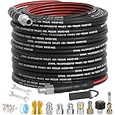 Sewer Jetter Kit for Pressure Washer 100FT, Drain Cleaner Hose 1/4 Inch NPT, NPT Corner Swivel and Push Button Nose Sewer Jet Nozzle Wrenches Gloves Waterproof Tape Pearl Brooch,5800PSI