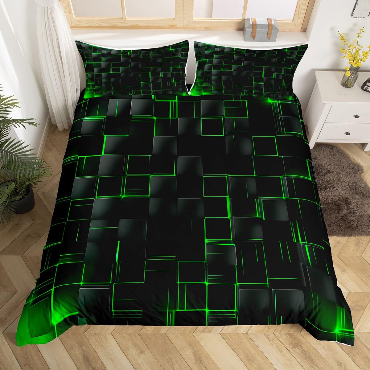 Abstract Duvet Cover Set King Size, Modern Geometric Square Grid Comforter Cover with 2 Pillowcases, Green and Black Bedding Set 3pcs for Kids Boys Girl Room Decor Lightweight Bedspread Cover — image 1