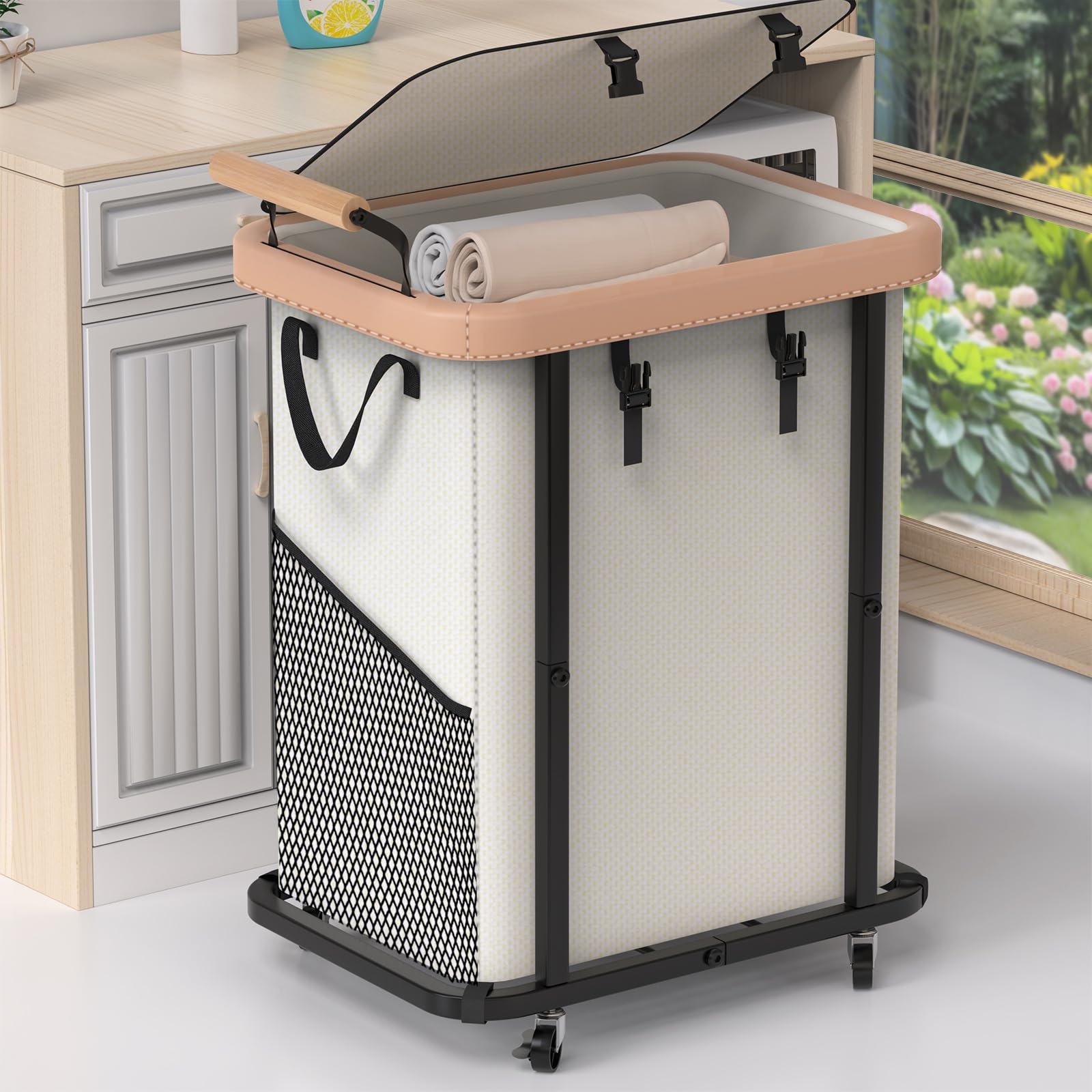 Photo 1 of 150L (40 Gal) High-Grade Fashion Laundry Basket with Wheels, Leather Patchwork Large Laundry Basket with Handles, 900D Oxford Fabric, Detachable Laundry Hamper for Bedroom, Bathroom, Laundry Room
