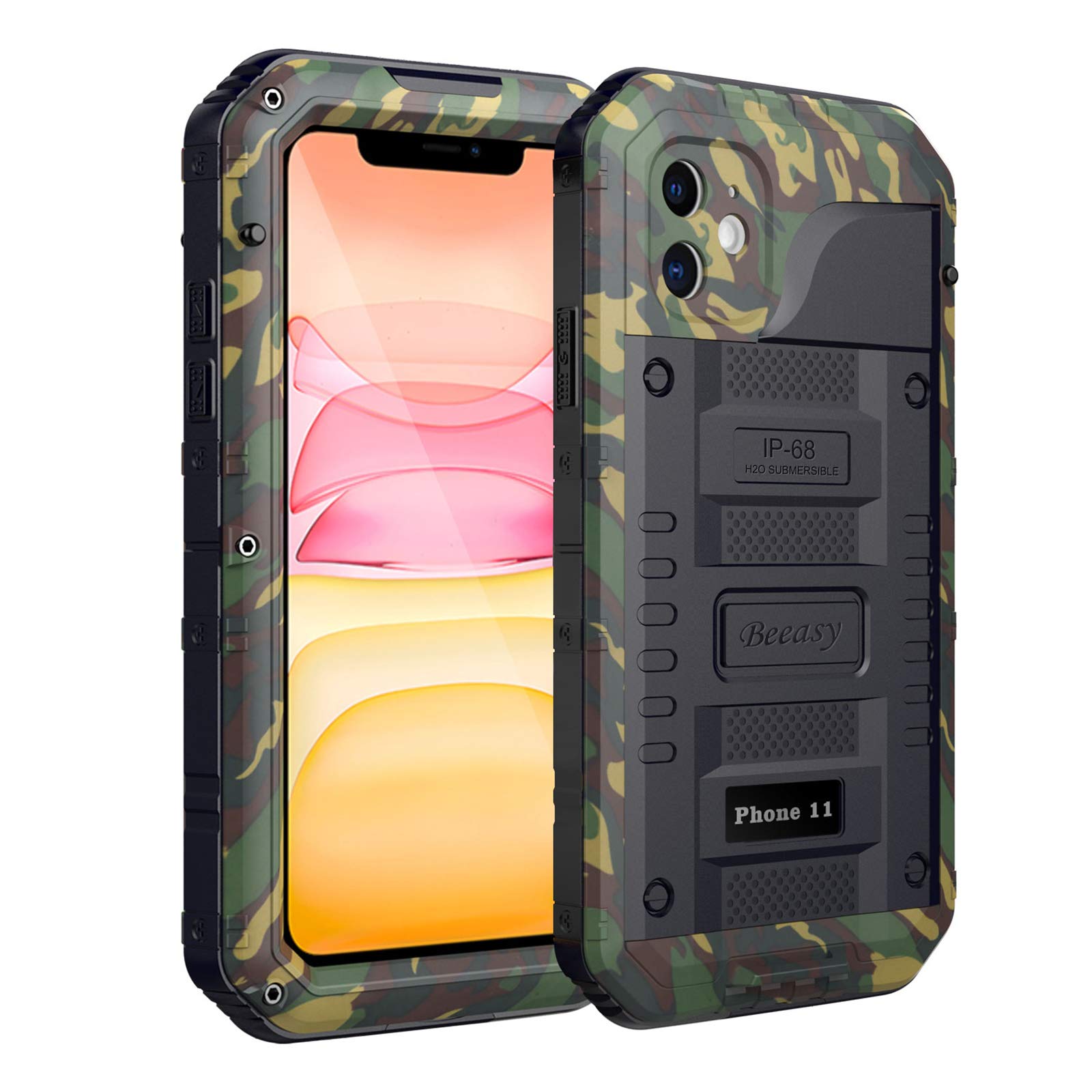 Beeasy iPhone 11 Case Camouflage, Waterproof Shockproof Tough Heavy Duty, with Built-in Screen Protector 360 Degree Full Body Military Protective, Drop Proof Metal Rugged Cover for Outdoor Sport